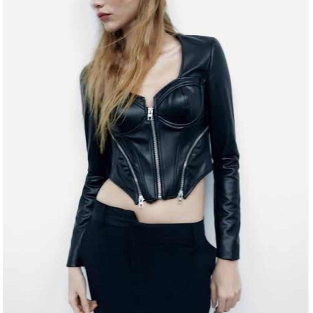 Zara Faux Leather Full Zip Cropped Corset-Style Biker Jacket Black Size Small